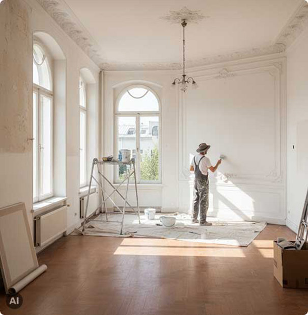 Ein Maler renoviert eine lichdurchflutete Altbauwohnung.
