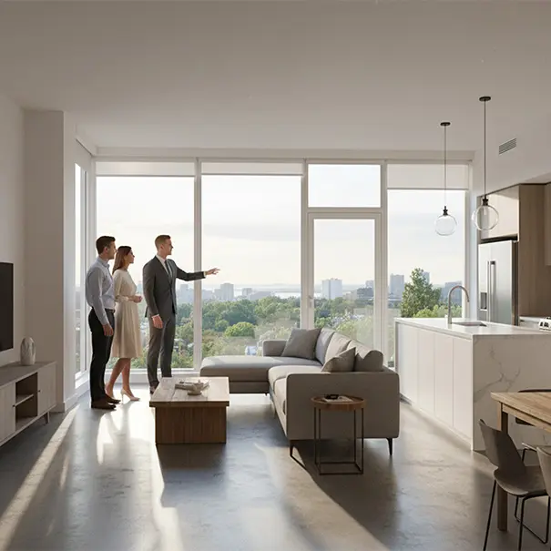 Ein Paar besichtigte eine moderne, möblierte Wohnung mit hohen Fenstern