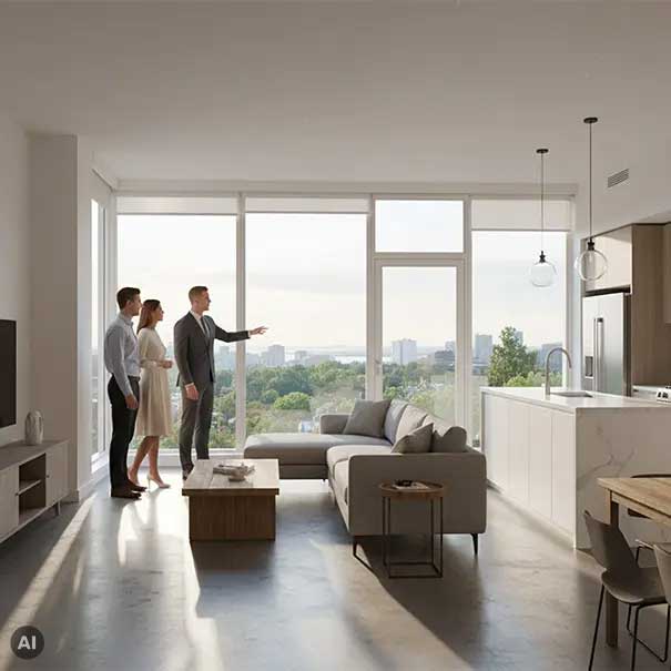 Ein Paar besichtigte eine moderne, möblierte Wohnung mit hohen Fenstern