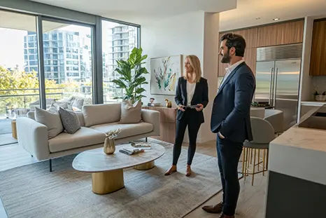 Ein Immobilienmakler präsentiert einem Kunden eine schicke, moderne Wohnung und hebt dabei ihr elegantes Design sowie den Blick auf die Stadt hervor.
