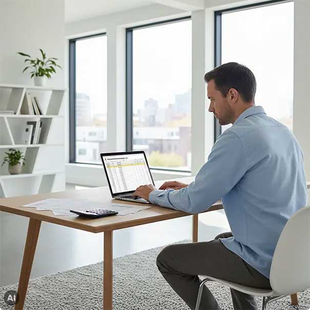 Mann sitzt am Schreibtisch mit Laptop